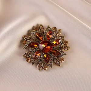 Vintage Rhinestone Flower Brooch Crystal Sunburst Coat Pin Jewelry for Women