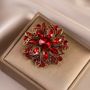 Vintage red crystal flower brooch for women, elegant alloy fashion clothing accessory