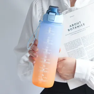 Grande Capacité Dégradé Bouteille d'Eau en Plastique Avec Marqueur de Temps Paille Sports en Plein Air Tasse Étanche