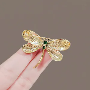 Exquisite rhinestone dragonfly brooch gold tone elegant suit lapel pin luxury fashion accessory