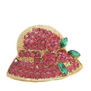Elegant hat shaped rhinestone brooch, gold tone alloy with pink crystals for suit decor.