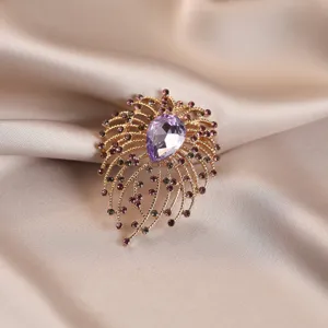 Elegant purple rhinestone brooch flower corsage delicate gold tone jewelry for women suit shawl