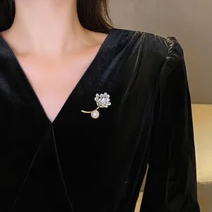 Elegant pearl brooch for women, exquisite floral design with crystal and metal. Detail shot.