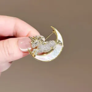 Elegant Alloy Rhinestone Unicorn Moon Brooch Pin Luxury Mother of Pearl Suit Corsage Anti Exposure Pin Gift For Women