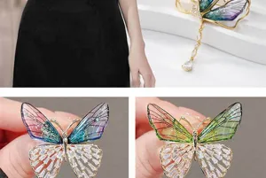 Exquisite forest style translucent butterfly brooch featuring elegant crystal tassel detail.
