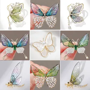 Elegant Alloy Rhinestone Butterfly Brooch Vintage Translucent Wing Tassel Pin Fashion Jewelry Gift For Women