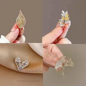 Exquisite crystal leaf and heart brooch pins set, elegant women anti-glare suit accessories.