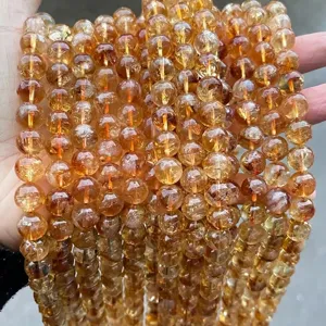 Natural Yellow Tower Crystal Citrine Loose Beads Round Polished Stone Beads For DIY Jewelry Making Bracelet Necklace Accessories