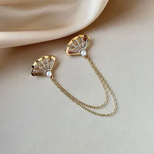Vintage Zinklegering Klassieke Waaierform Broche Kraagspeld Goud Strass Ingelegde Dubbele Ketting Kunstparel Kwastje Kraaggesp Voor Pak Overhemd Accessoires