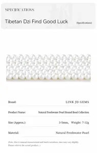 Macro view detail of natural round freshwater pearls with product specifications
