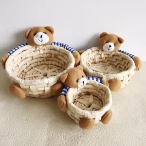 Cute woven straw storage baskets with plush bear decoration set of three for home decor