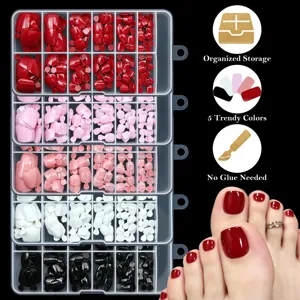 Set of 120 press-on toenails in five glossy colors including red, black, and pink.