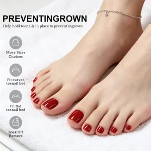 Premium glossy red press-on toenails for various nail bed shapes shown on feet