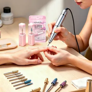 Professional tungsten steel nail drill bits shown during a precision manicure session