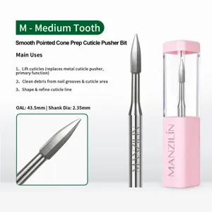 Professional macro detail of a smooth pointed cone tungsten steel nail drill bit for cuticles
