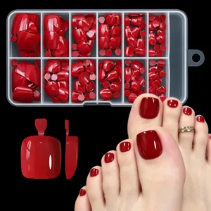 Detailed view of dark red press-on toenails showing packaging and application effects