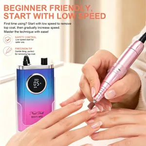 Professional electric nail drill detail showing low speed usage for beginners.