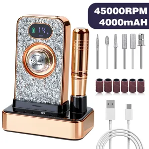 Detail view of rhinestone nail drill machine with 45000RPM motor and accessories