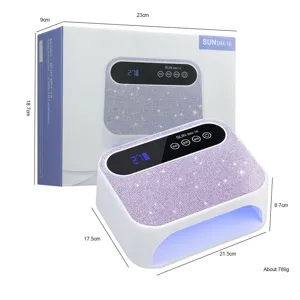 Detailed dimensions of SUN BM-18 rhinestone nail lamp shown with product packaging box