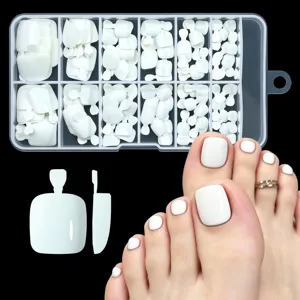 Detailed view of 120 white press-on toenails in a storage box with a model wearing them