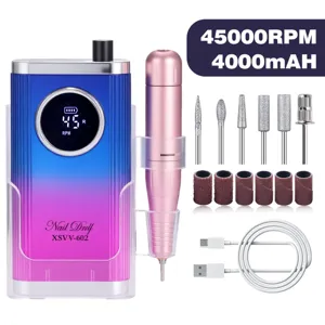 Detailed display of 45000RPM portable nail drill kit including accessories and cable
