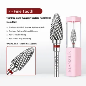 Fine tooth teardrop cone tungsten carbide nail drill bit details with pink storage box