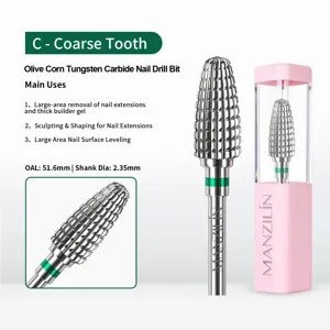 Professional olive corn tungsten carbide nail drill bit with pink case for gel removal