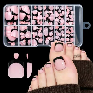 High-definition detail of 120pcs nude pink French press-on toenails with stylish black tips