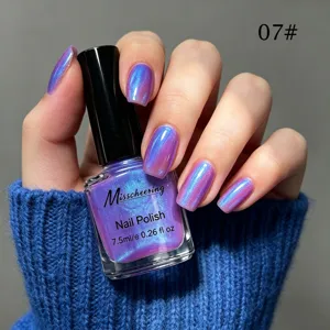 Gros plan sur le vernis à ongles violet nacré Misscheering aux reflets bleus