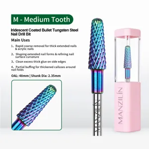 Detailed macro view of iridescent bullet tungsten steel nail drill bit for acrylic nails
