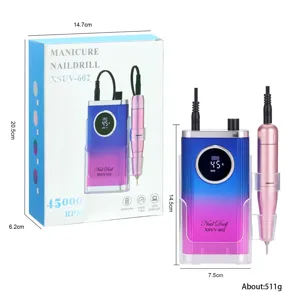 Portable 45000 RPM electric nail drill machine with size dimensions and packaging details