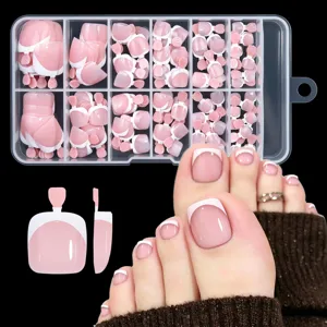 Premium set of 120 pieces pink and white French press-on toe nails for pedicures