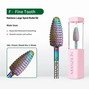 Detail view of a rainbow fine tooth tungsten steel nail drill bit for gel removal.