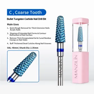 Macro detail view of blue coarse tooth tungsten carbide bullet nail drill bit for acrylic nails