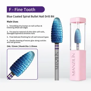 Macro view showing blue coated spiral bullet nail drill bit fine tooth texture