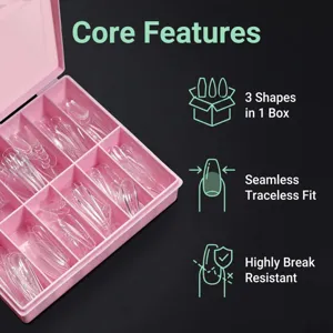 Set professionale di unghie finte lunghe trasparenti con 3 forme in scatola rosa
