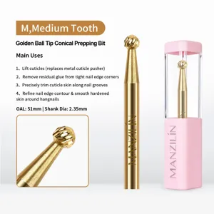Close-up of golden ball tip conical nail prepping bit for professional manicure