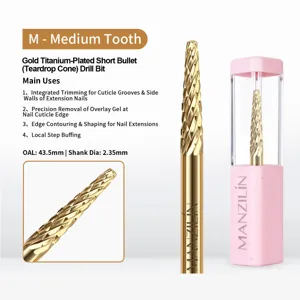 Close-up of gold titanium tungsten steel nail drill bit with medium tooth specifications