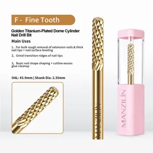 Close-up detail of golden titanium plated nail drill bit showing fine tooth texture