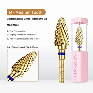 Close-up of golden conical tungsten steel nail drill bit with its pink protective case