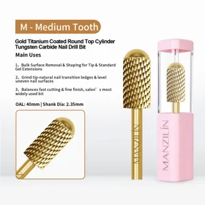Detailed view of gold titanium coated tungsten carbide nail drill bit for gel removal