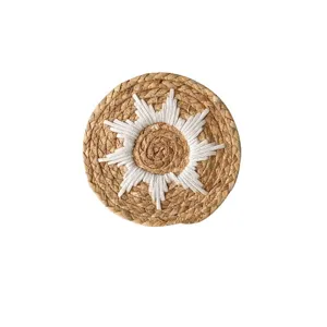 Handmade bohemian style round woven straw wall hanging decor featuring sunburst pattern