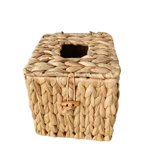 Handgewebter Taschentuchbox-Halter aus Wasserhyazinthe mit natürlichem Holzverschluss