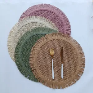 Round Paper Rope Placemat With Tassels Hollow Woven Table Mat For Dining Room Kitchen Home Decor Minimalist Style