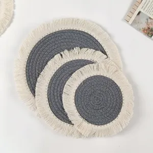 Nordic cotton woven round placemat with fringe edge, heat resistant table pad for dining room.
