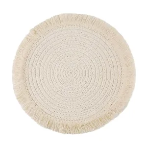 Nordic style round cotton woven placemat with fringe edge, heat resistant table pad for dining.