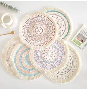 Bohemian round cotton woven placemats with mandala print and elegant tassel fringe decor