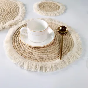 Natural Corn Husk Woven Placemat Round Heat Insulation Table Mat With Tassel Border Kitchen Dining Table Decoration