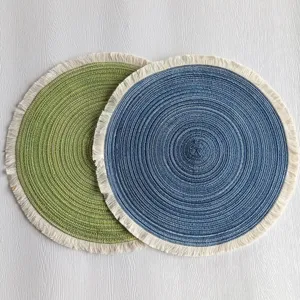 Round cotton yarn woven placemat with fringe border, simple dining table decor heat insulation mat.