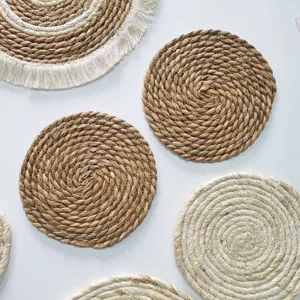 Natural woven straw placemat, thick heat insulated table mat and round coaster for dining room.